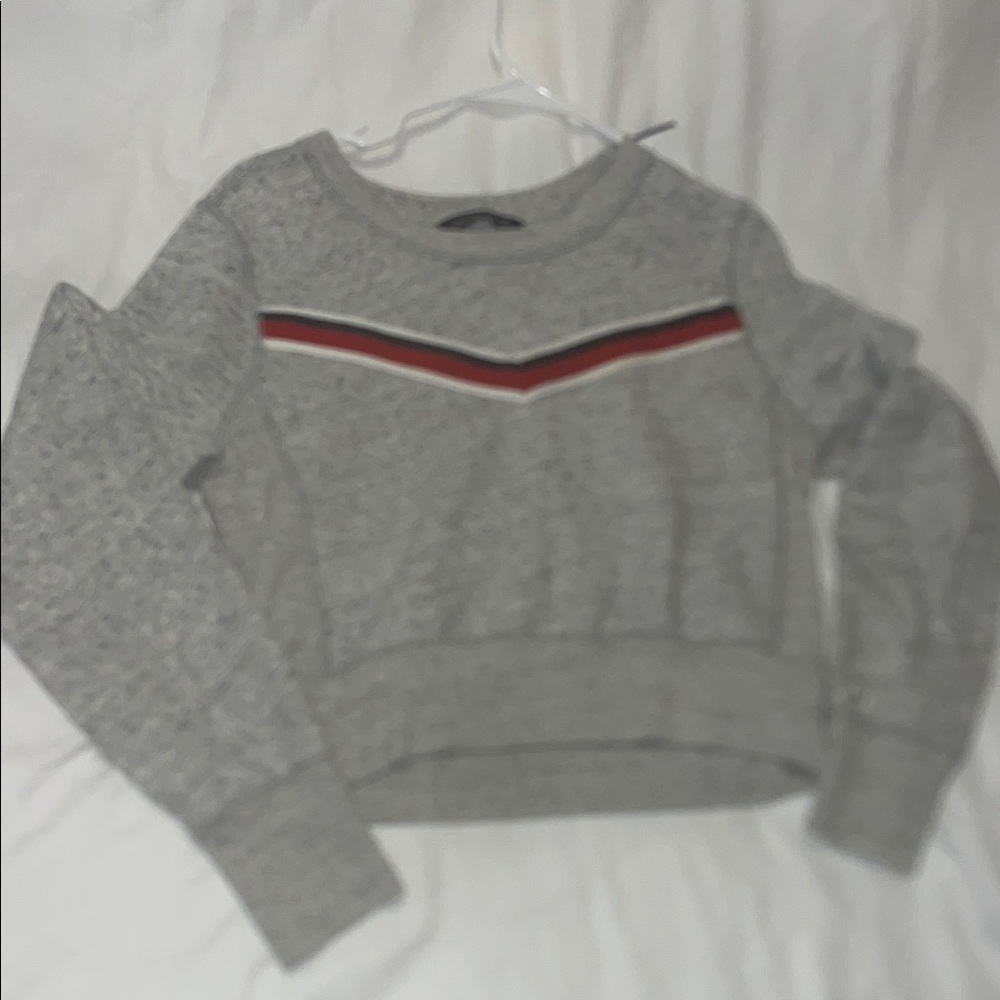 Abercrombie & Fitch Cropped Gray Pullover with Red White and Navy Stripe